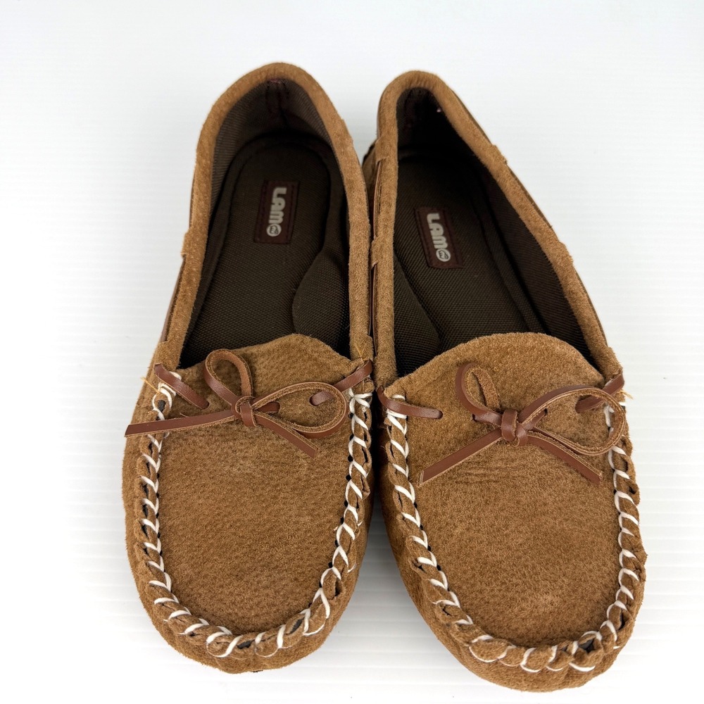 Lamo Womens Moccasin Slippers Chestnut Brown Suede Whipstitch Size 9.5 Comfort